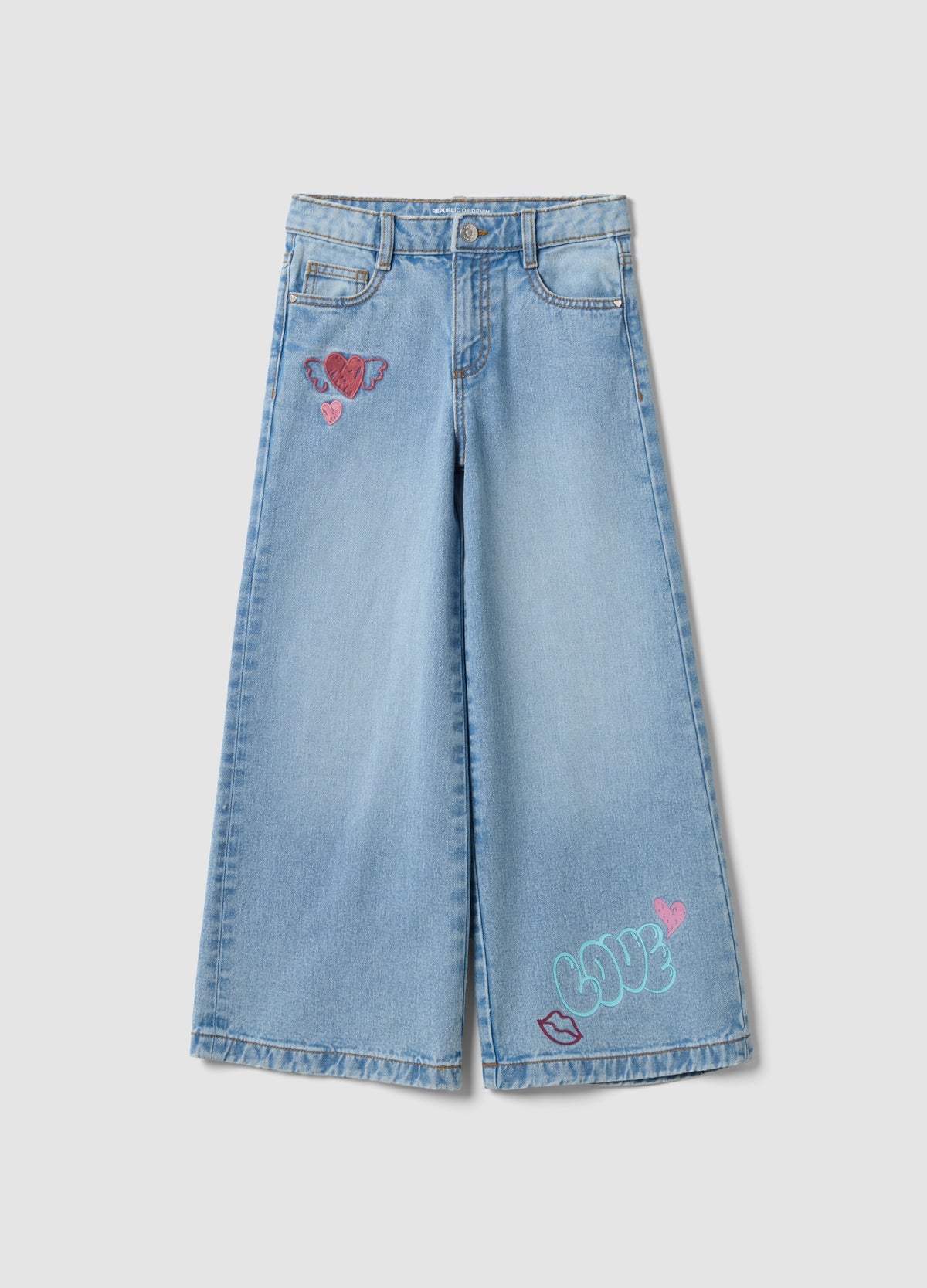 OVS Girls’ Pure Cotton Wide-Leg Denim Jeans With Embroidery