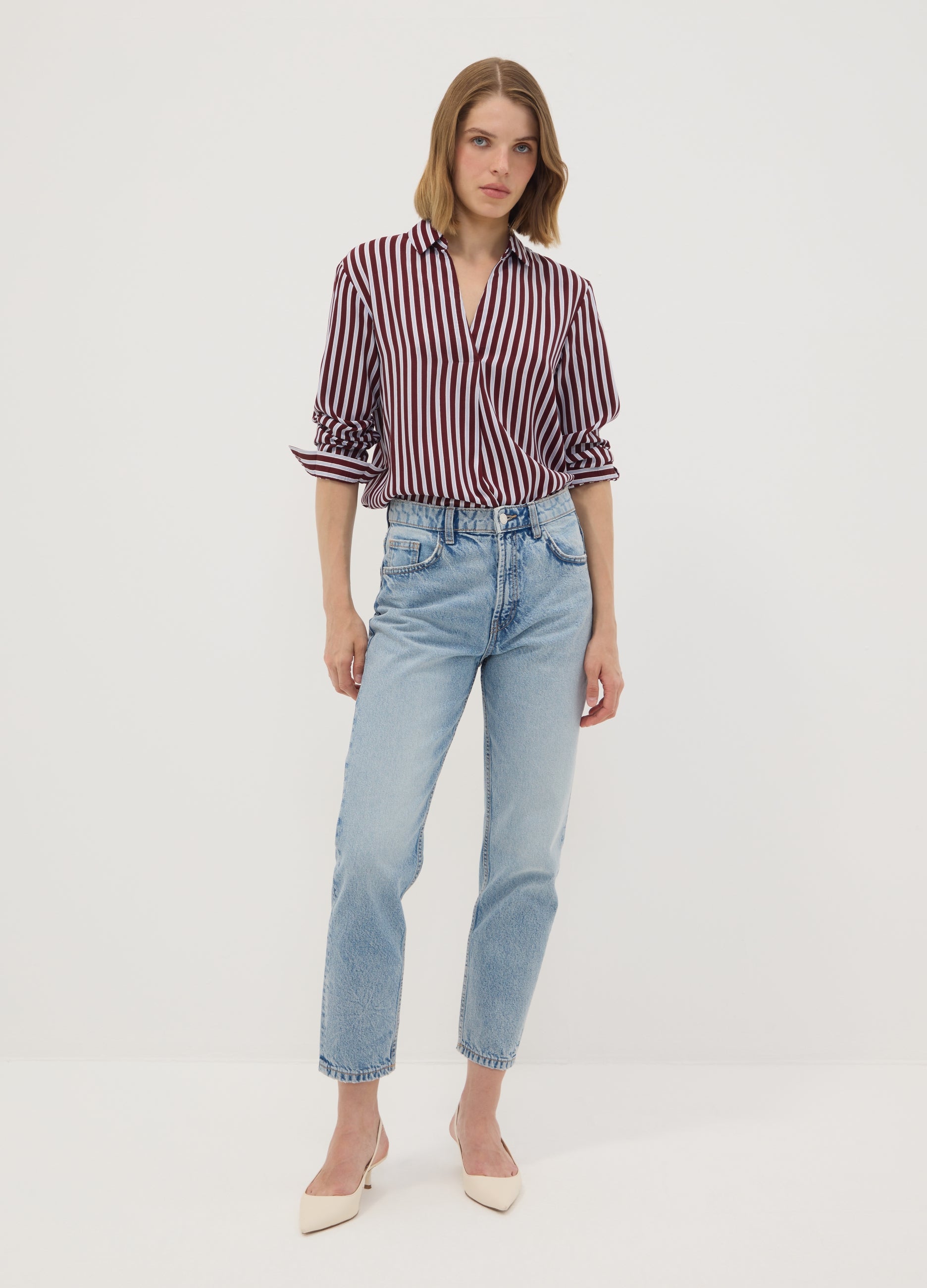 OVS Red striped pure viscose shirt with classic collar, regular fit