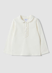 OVS White Stretch Organic Cotton Polo Shirt With Ruffle Detailing For Baby Girl