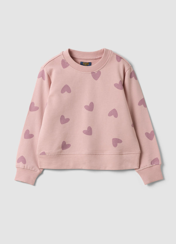 OVS Pink Pure Cotton Sweatshirt With Heart Print And Crew Neck For Girls