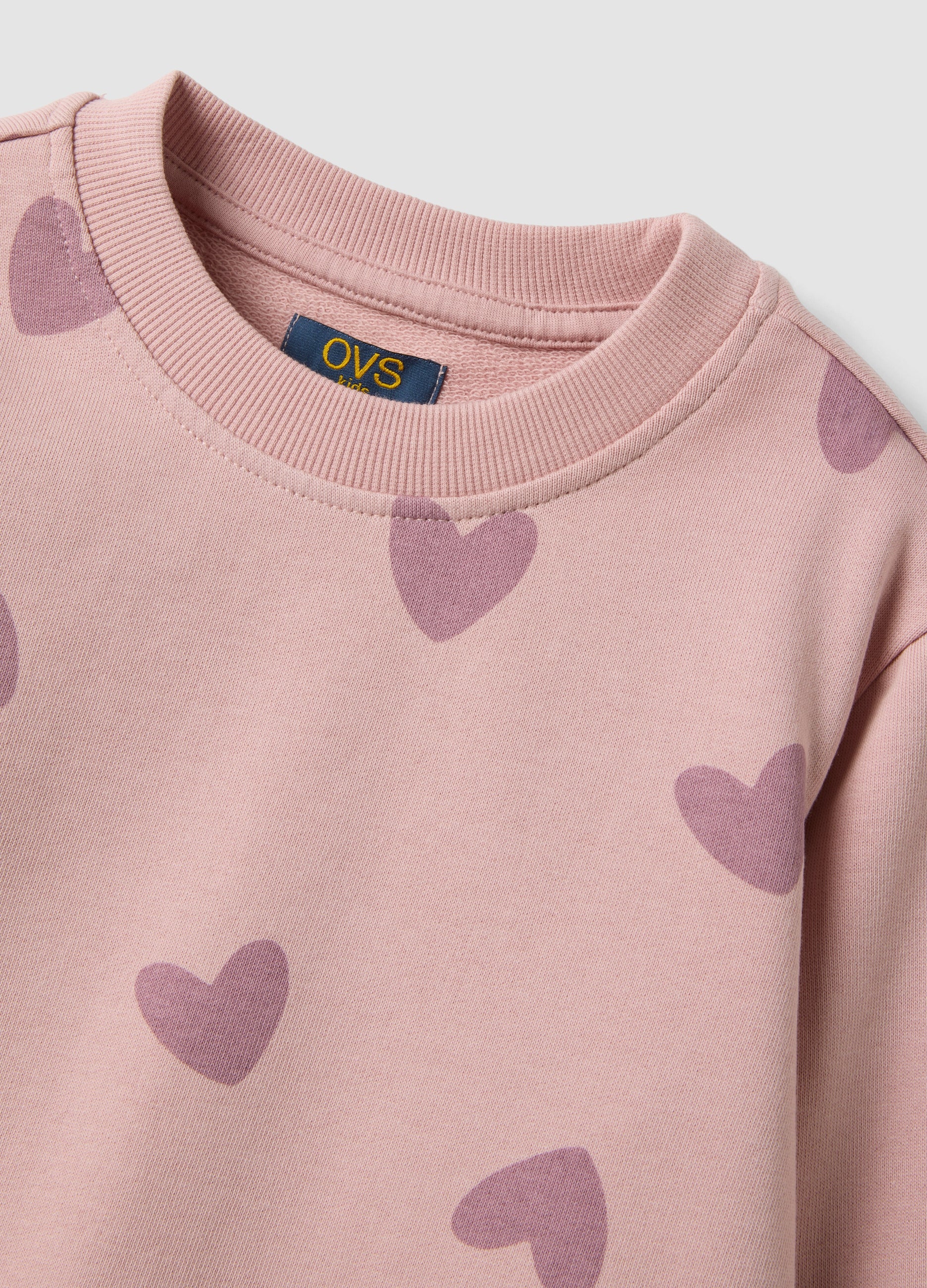 OVS Pink Pure Cotton Sweatshirt With Heart Print And Crew Neck For Girls