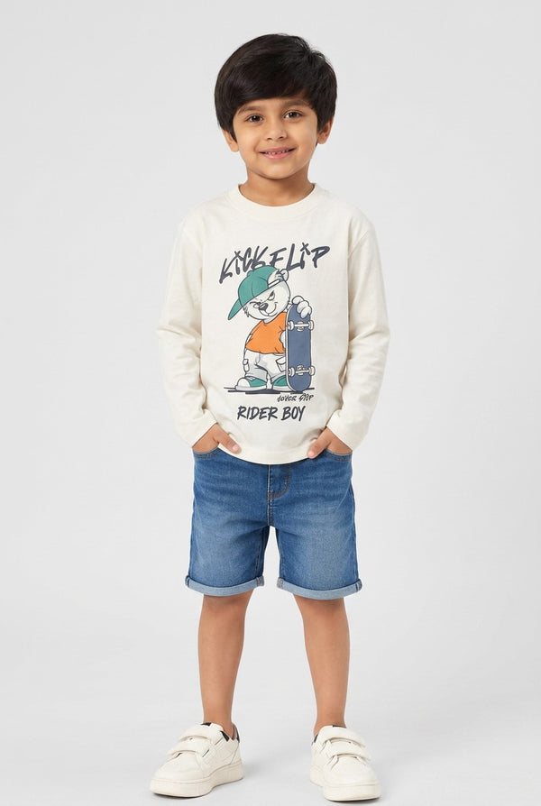 OVS White Pure Cotton Oversized Fit T-Shirt With Skate Print For Boys