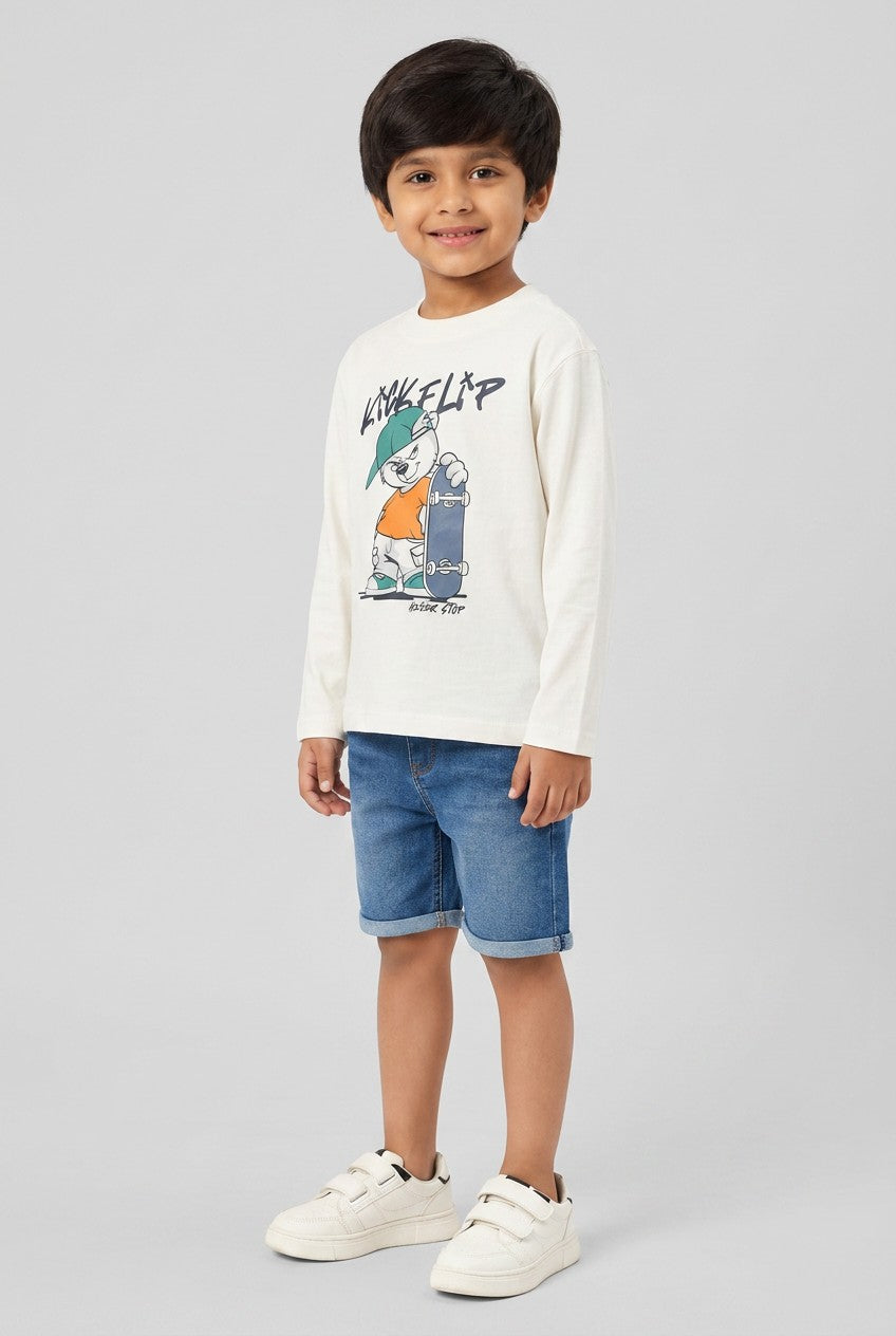 OVS White Pure Cotton Oversized Fit T-Shirt With Skate Print For Boys