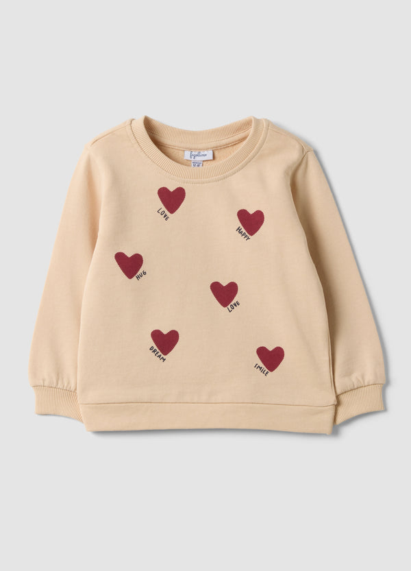 OVS Beige Pure Cotton Crew-Neck Sweatshirt With Heart Print For Baby Girl