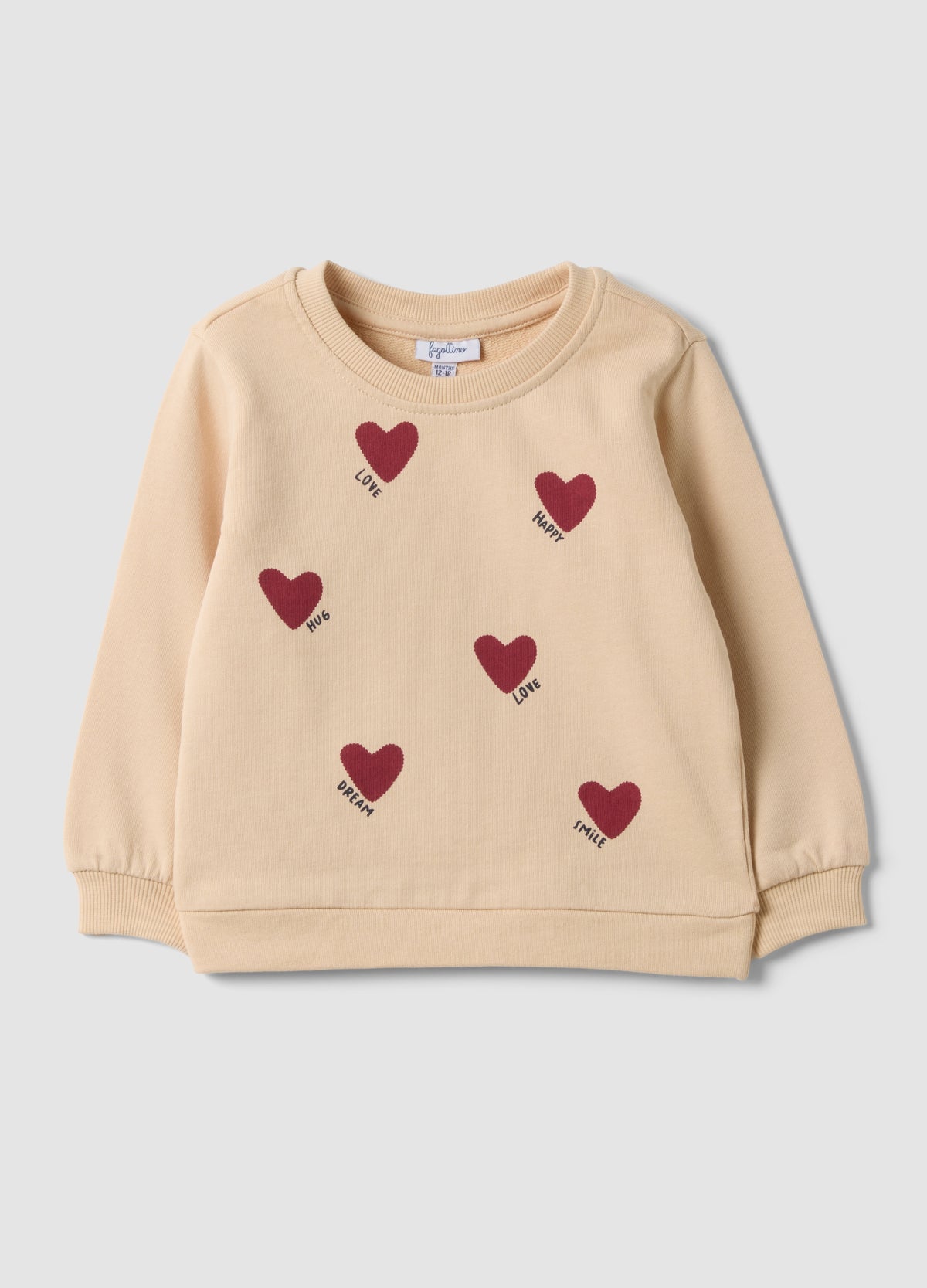 OVS Beige Pure Cotton Crew-Neck Sweatshirt With Heart Print For Baby Girl