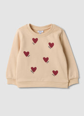 OVS Beige Pure Cotton Crew-Neck Sweatshirt With Heart Print For Baby Girl
