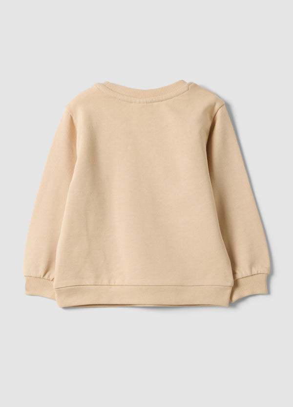 OVS Beige Pure Cotton Crew-Neck Sweatshirt With Heart Print For Baby Girl