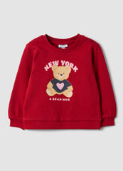 OVS Red Pure Cotton Crew-Neck Sweatshirt With Teddy Bear Print For Baby Girl