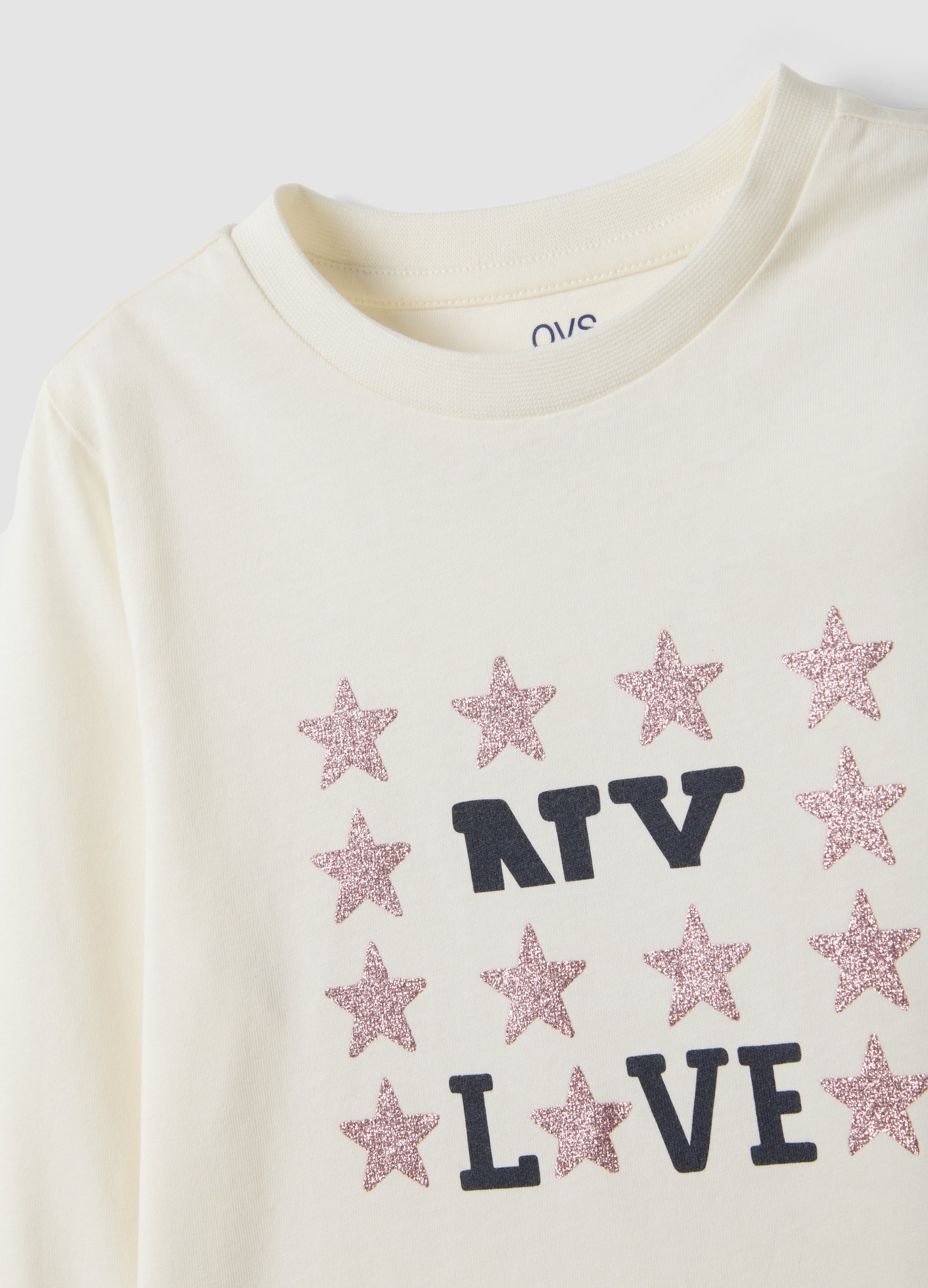 OVS White Pure Organic Cotton T-Shirt With Glitter Print For Girls