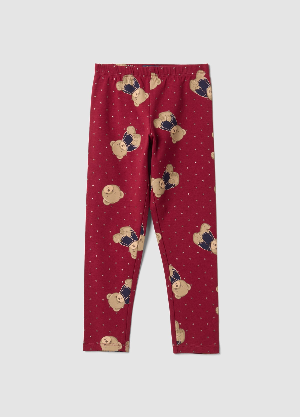 OVS Red Organic Stretch Cotton Leggings With Teddy Bear Print For Girls