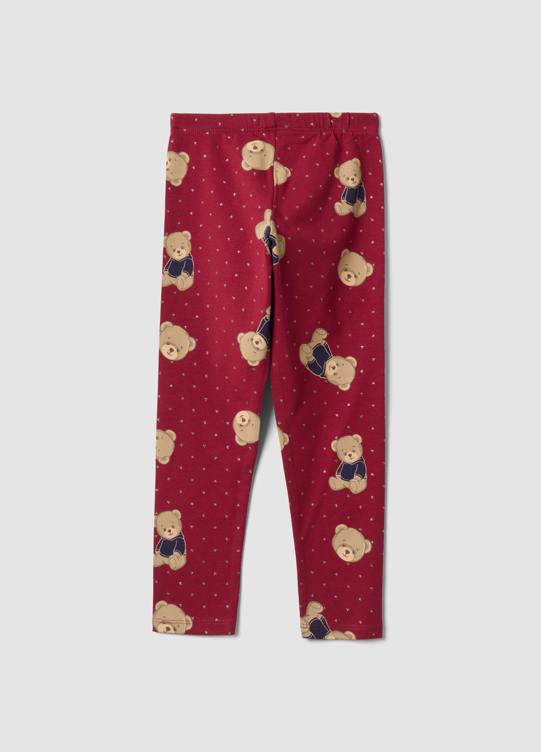 OVS Red Organic Stretch Cotton Leggings With Teddy Bear Print For Girls