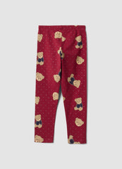 OVS Red Organic Stretch Cotton Leggings With Teddy Bear Print For Girls