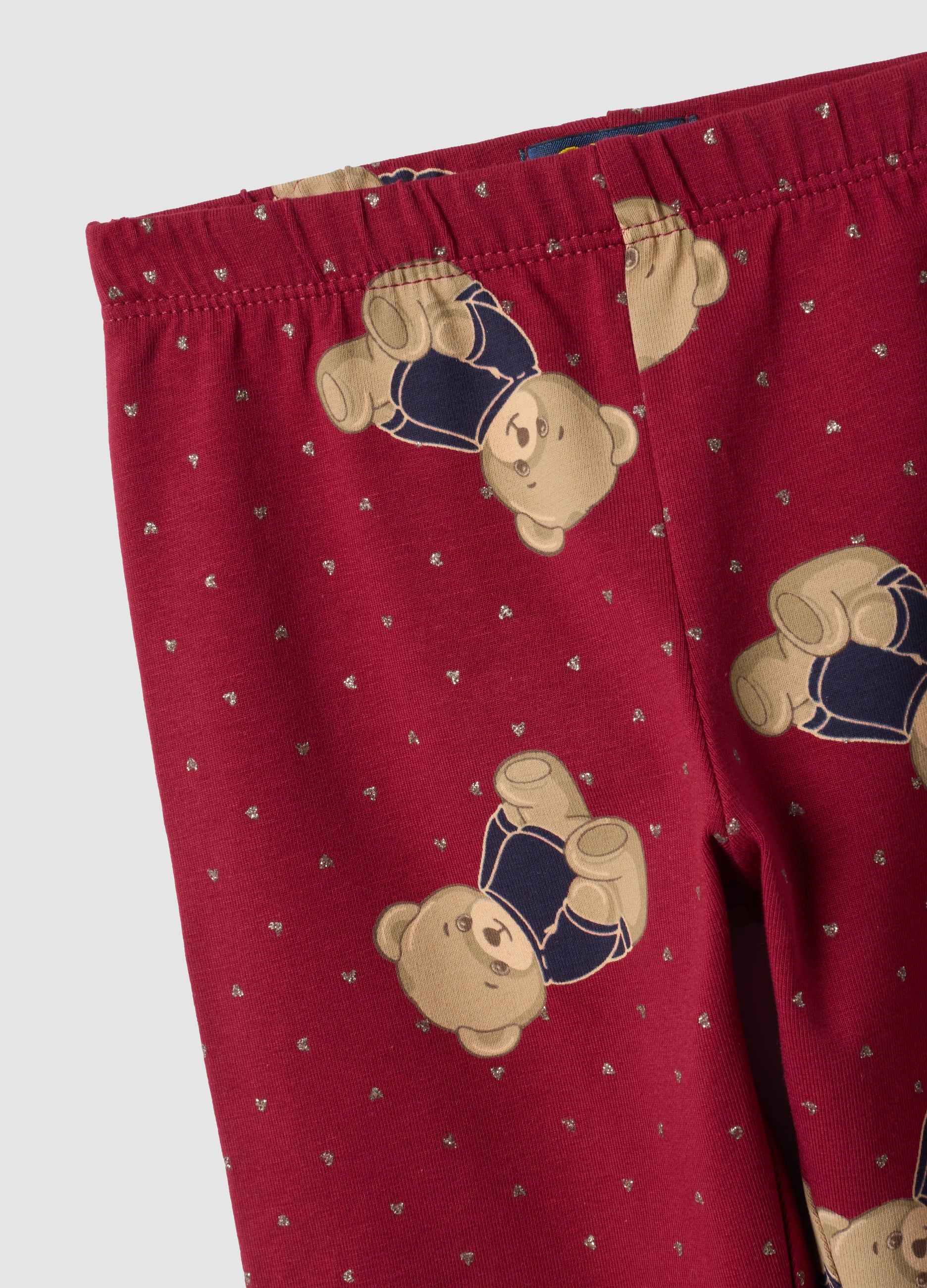 OVS Red Organic Stretch Cotton Leggings With Teddy Bear Print For Girls