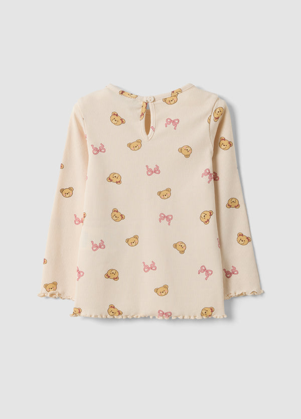 OVS Beige Organic Stretch-Cotton T-Shirt With Teddy Bear Print For Baby Girl