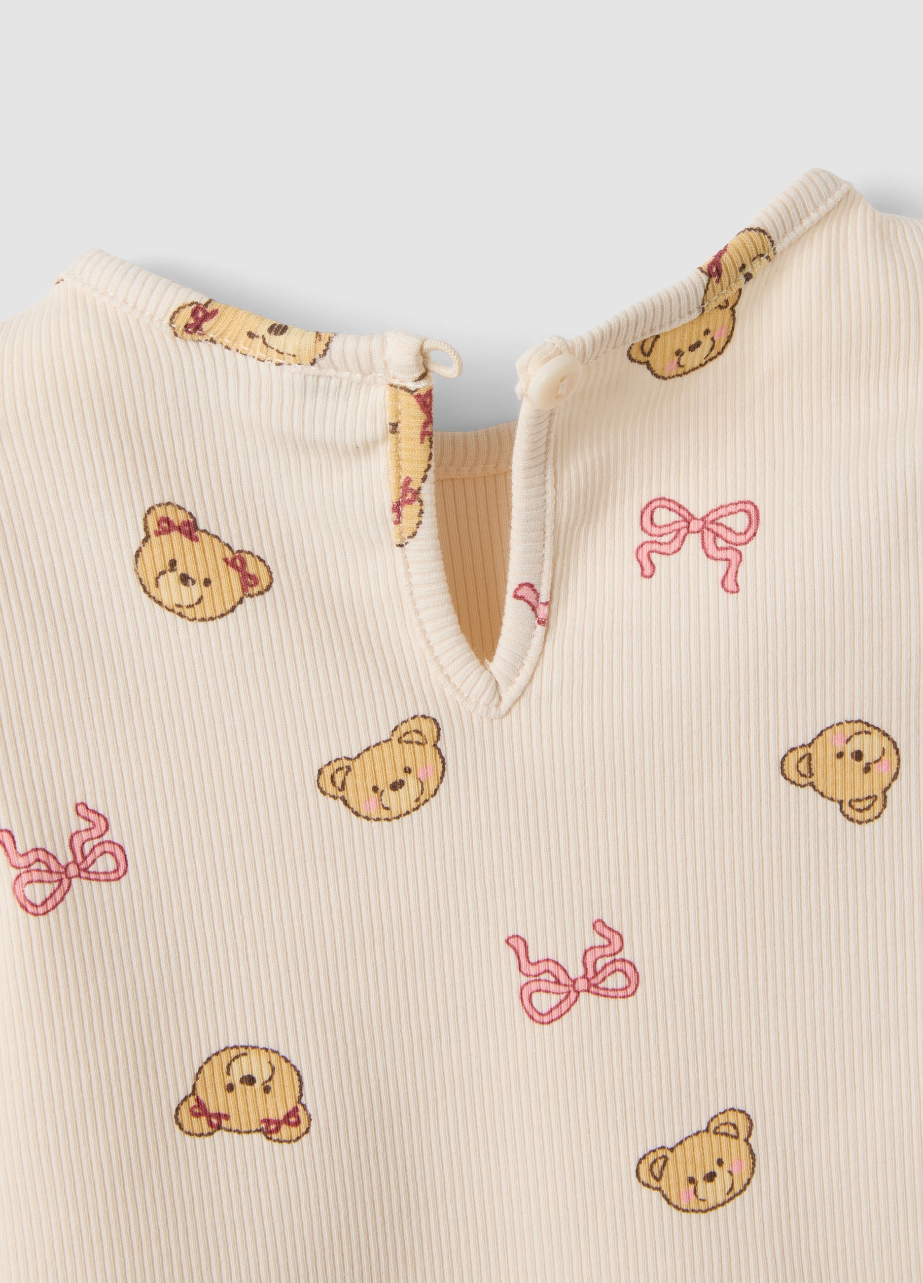 OVS Beige Organic Stretch-Cotton T-Shirt With Teddy Bear Print For Baby Girl