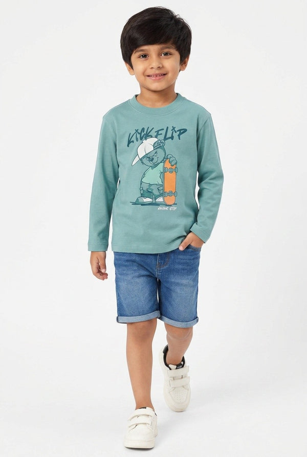 OVS Green Oversized Pure Cotton T-Shirt With Skate Print For Boys