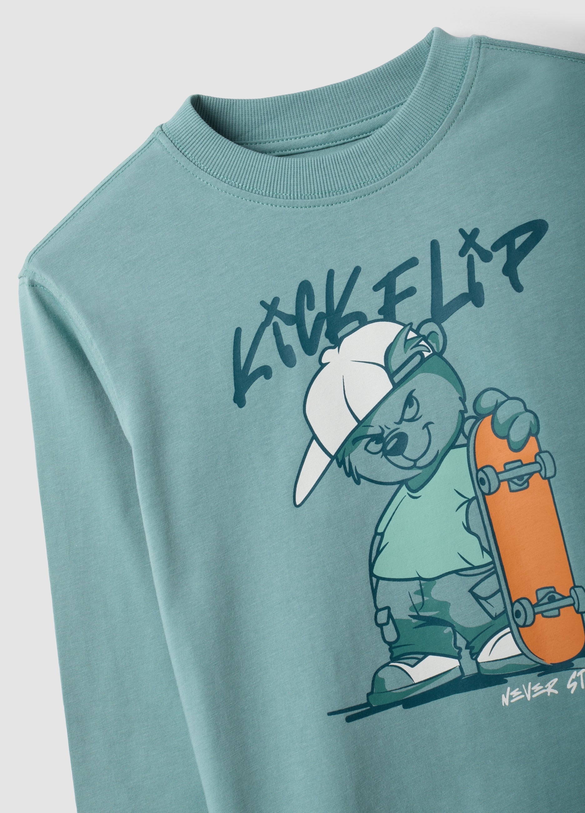 OVS Green Oversized Pure Cotton T-Shirt With Skate Print For Boys