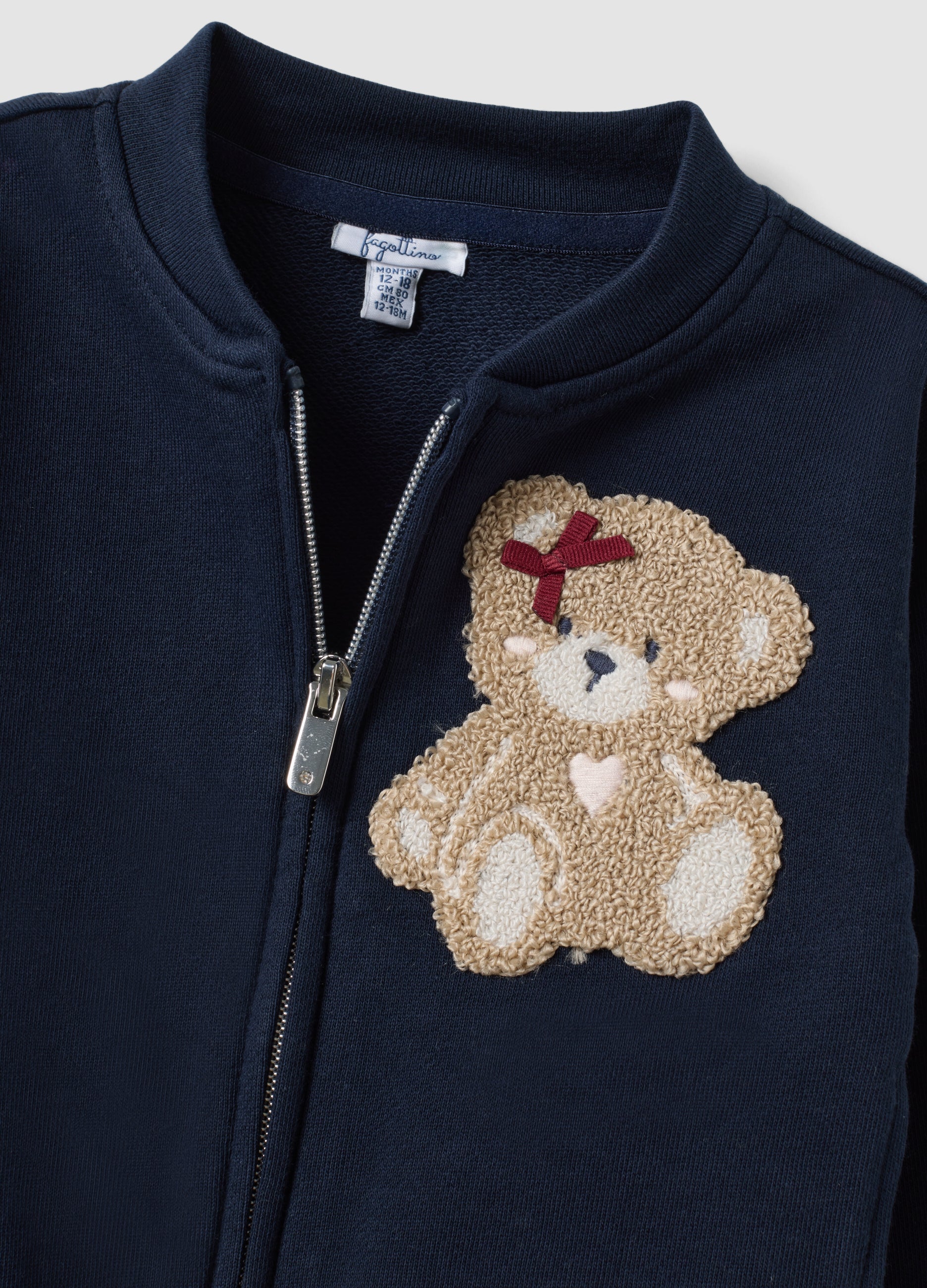 OVS Blue Pure Cotton Sweatshirt With Crew Neck, Zip And Teddy Bear Detail For Baby Girl