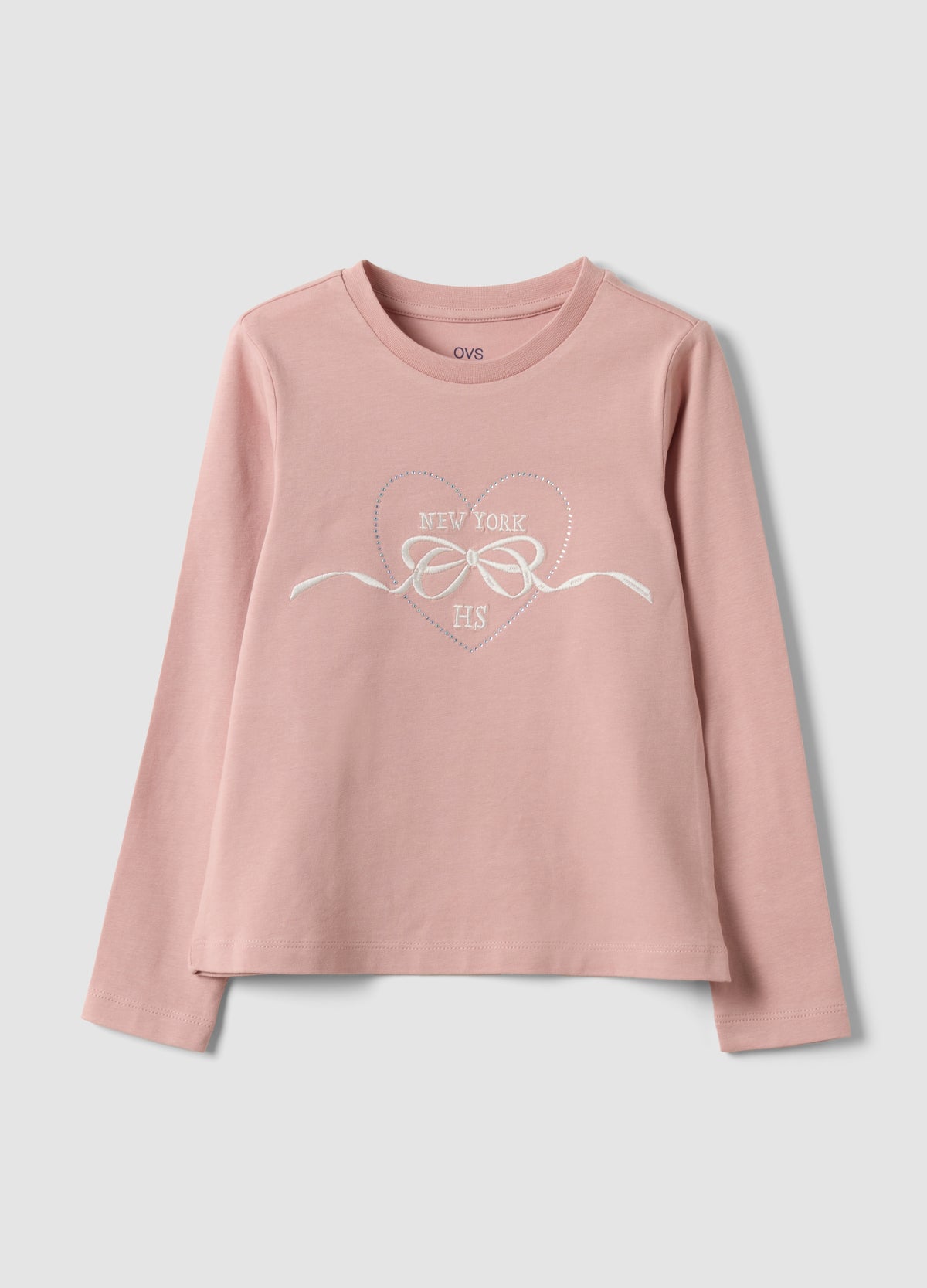 OVS Pink Stretch Cotton T-Shirt With Bow Embroidery For Girls
