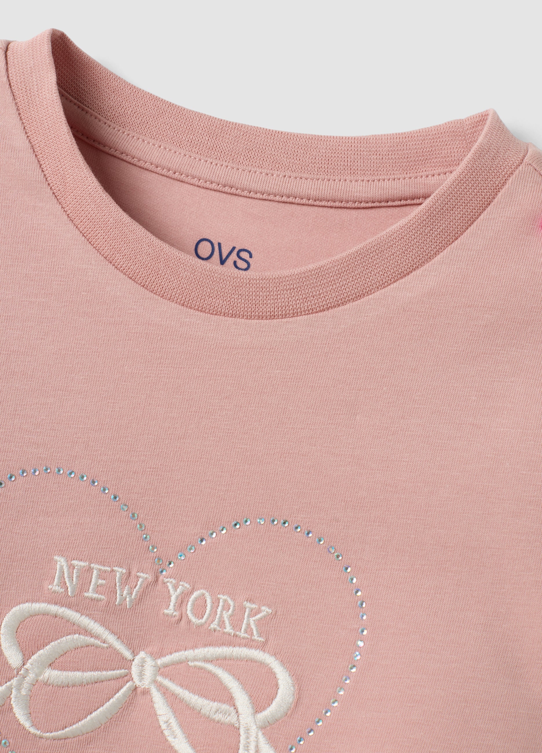 OVS Pink Stretch Cotton T-Shirt With Bow Embroidery For Girls