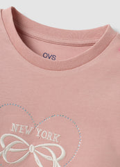 OVS Pink Stretch Cotton T-Shirt With Bow Embroidery For Girls