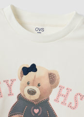 OVS White Stretch Cotton T-Shirt With Teddy Bear Print For Girls