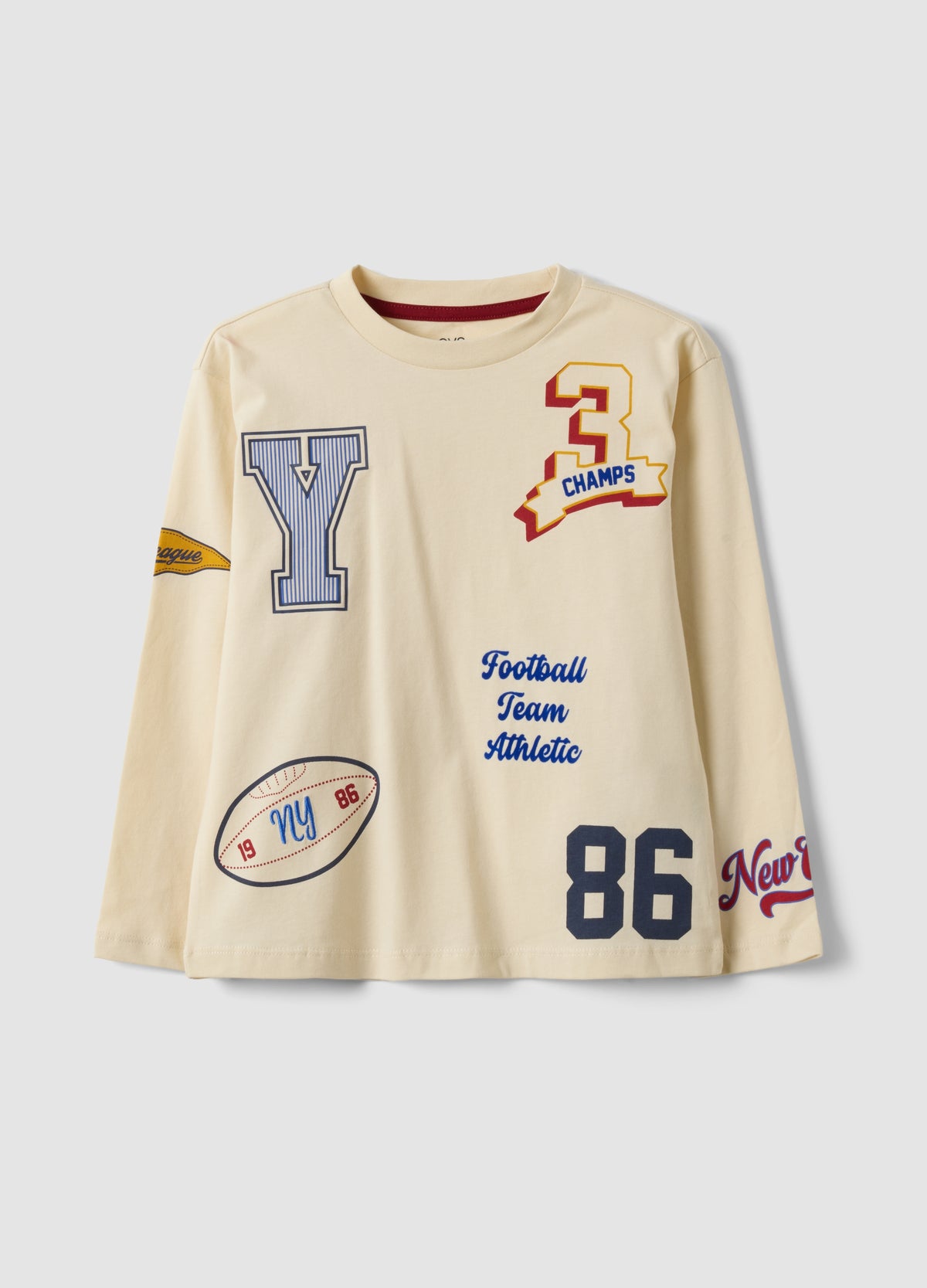 OVS Beige Pure Cotton Crew-Neck College-Print T-Shirt For Boys