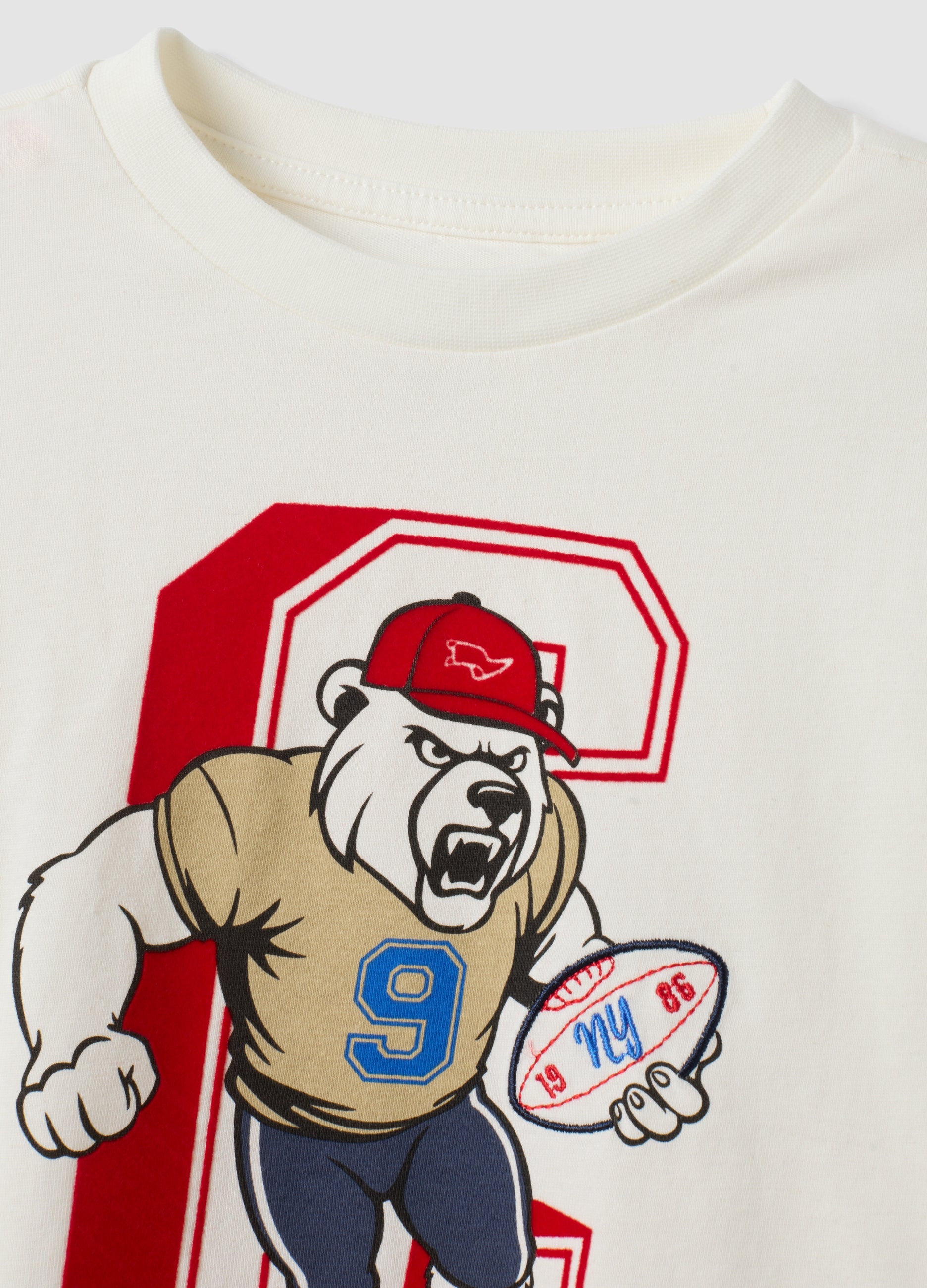 OVS White Pure Cotton Crew-Neck T-Shirt With Bear Print For Boys