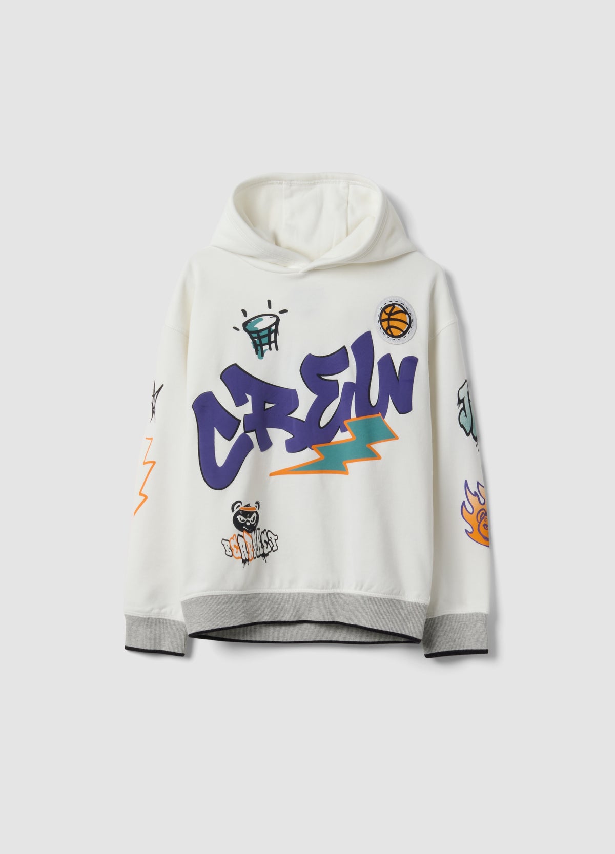 OVS White Cotton-Blend Hoodie With Graffiti Oversized Fit For Boys