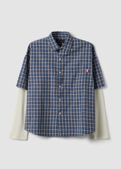 OVS Blue Cropped Pure Cotton Checked Shirt With Layered Double Sleeves, Oversized Fit