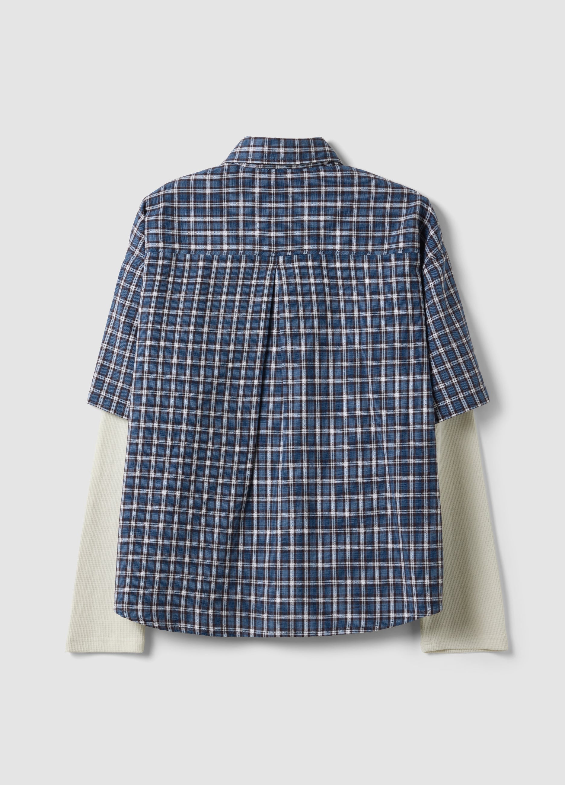 OVS Blue Cropped Pure Cotton Checked Shirt With Layered Double Sleeves, Oversized Fit