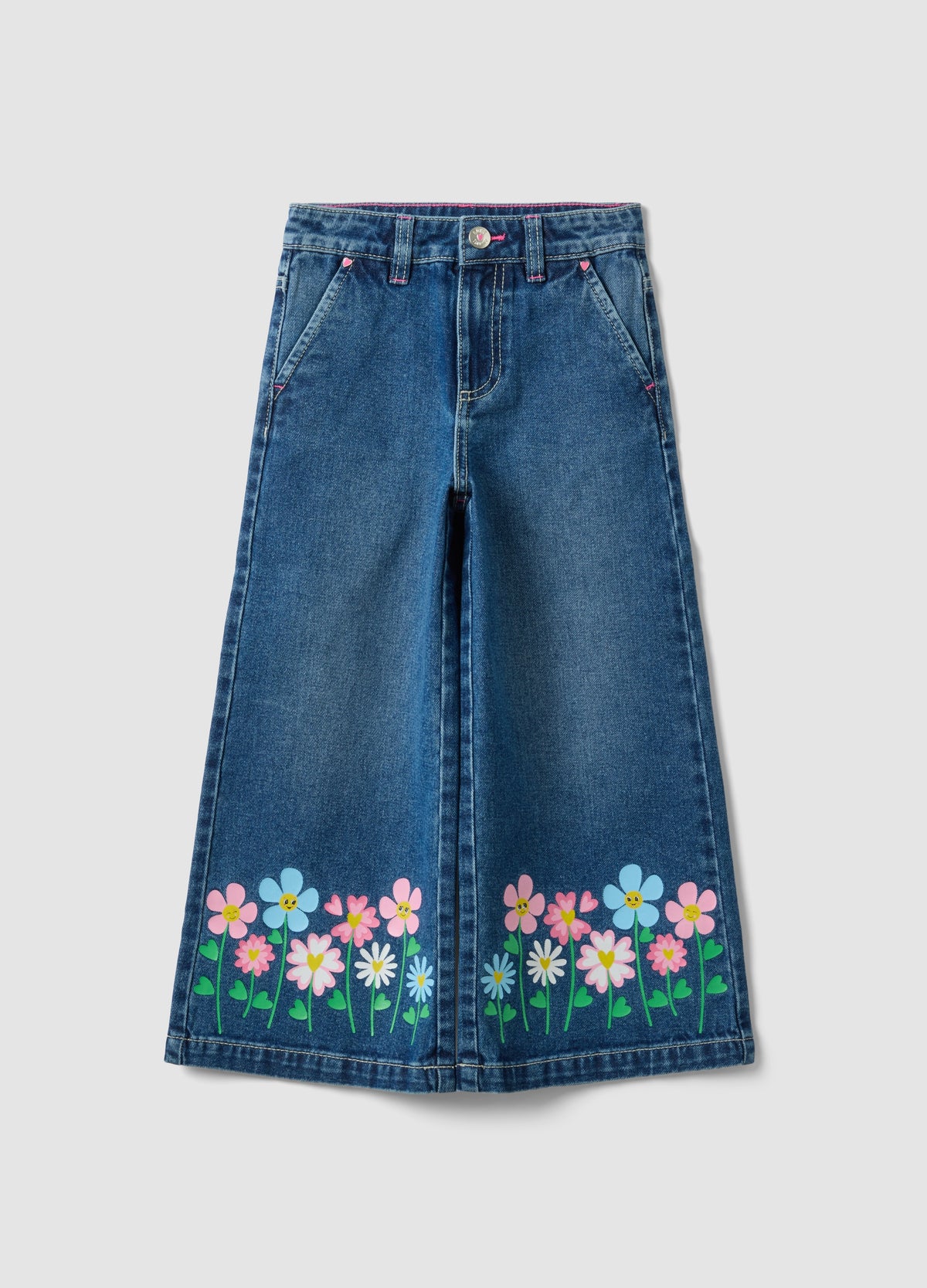 OVS Blue Wide-Leg Pure Cotton Jeans With Floral Print For Girls