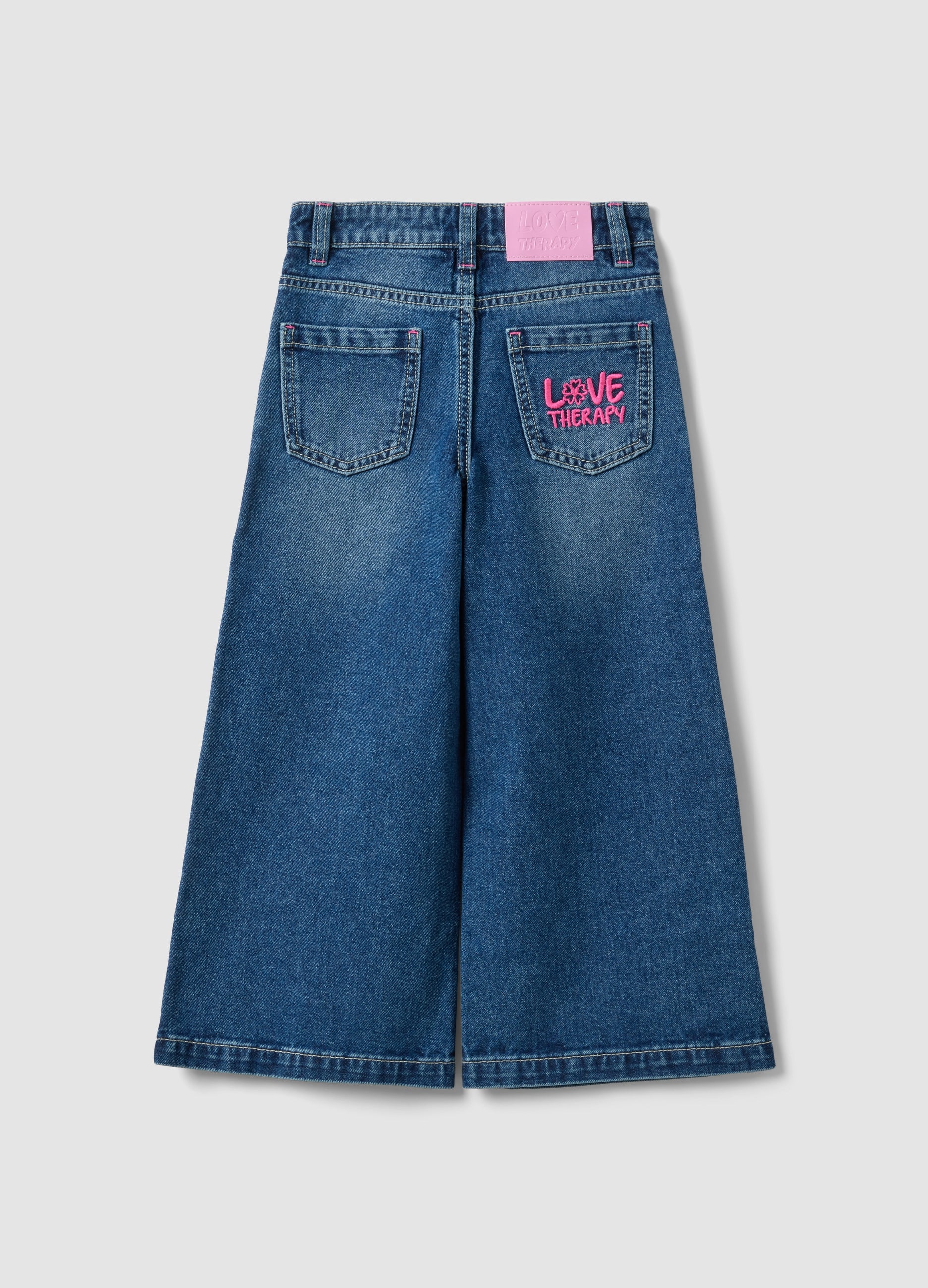 OVS Blue Wide-Leg Pure Cotton Jeans With Floral Print For Girls