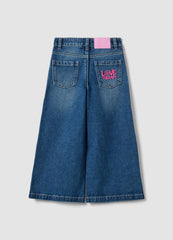 OVS Blue Wide-Leg Pure Cotton Jeans With Floral Print For Girls