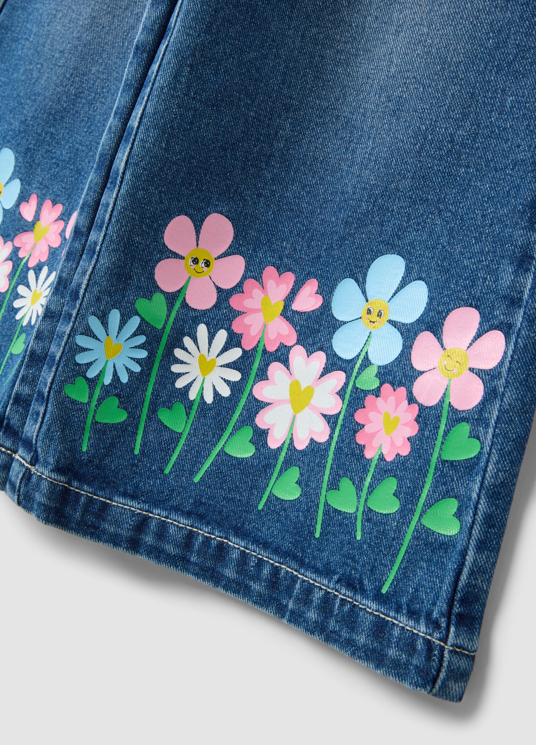 OVS Blue Wide-Leg Pure Cotton Jeans With Floral Print For Girls
