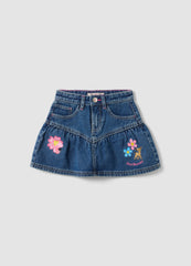 OVS Blue Pure Cotton Denim Skirt With Floral Embroidery For Girls