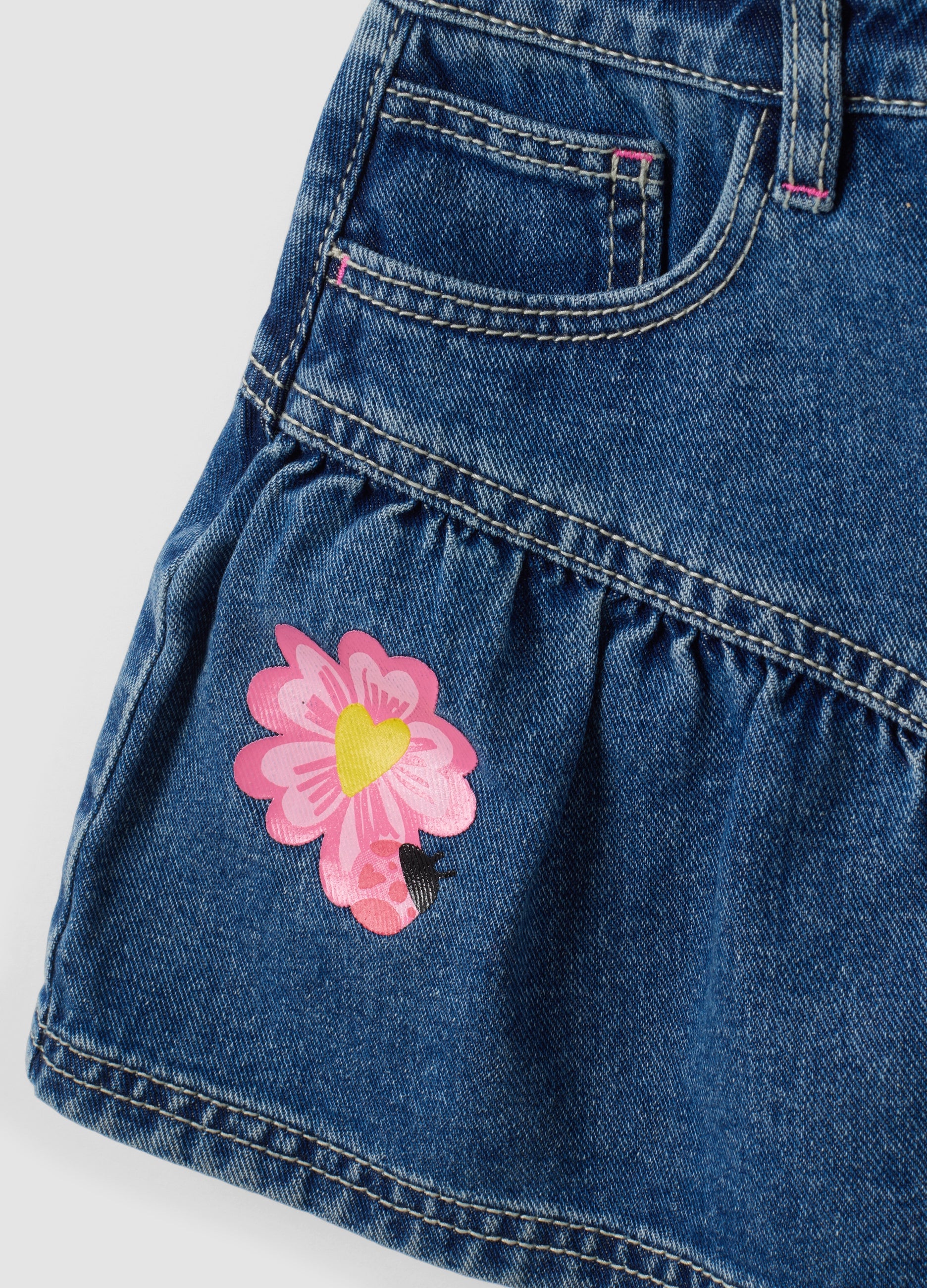 OVS Blue Pure Cotton Denim Skirt With Floral Embroidery For Girls
