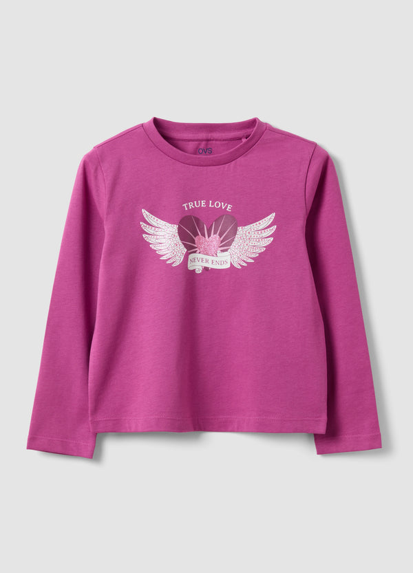 OVS Purple pure organic cotton T-shirt with heart and wings print for girls