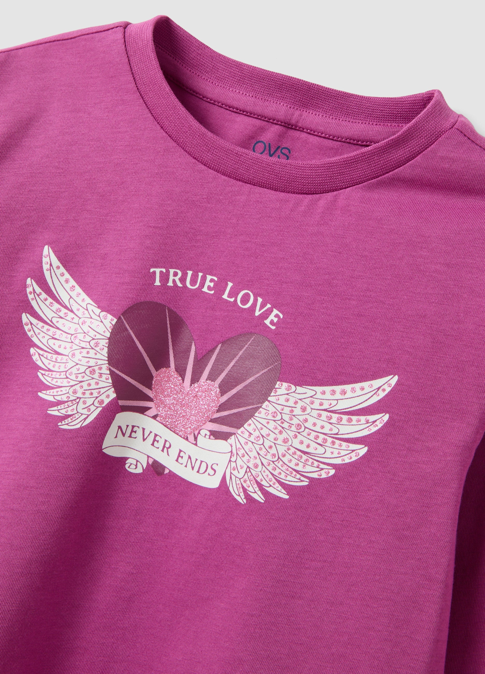 OVS Purple pure organic cotton T-shirt with heart and wings print for girls