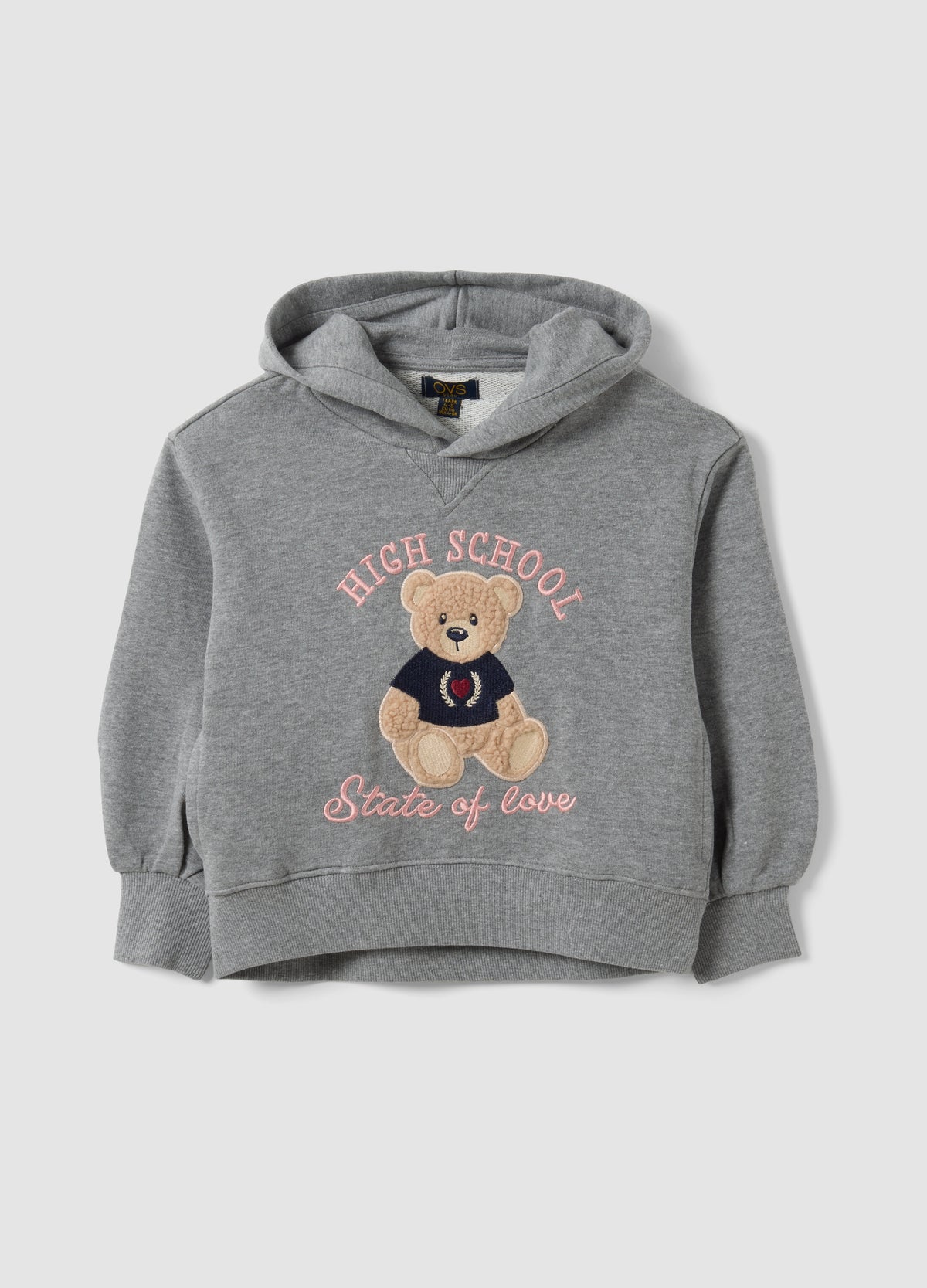 OVS Grey Cotton-Viscose Blend Sweatshirt With Embroidered Teddy Bear For Girls