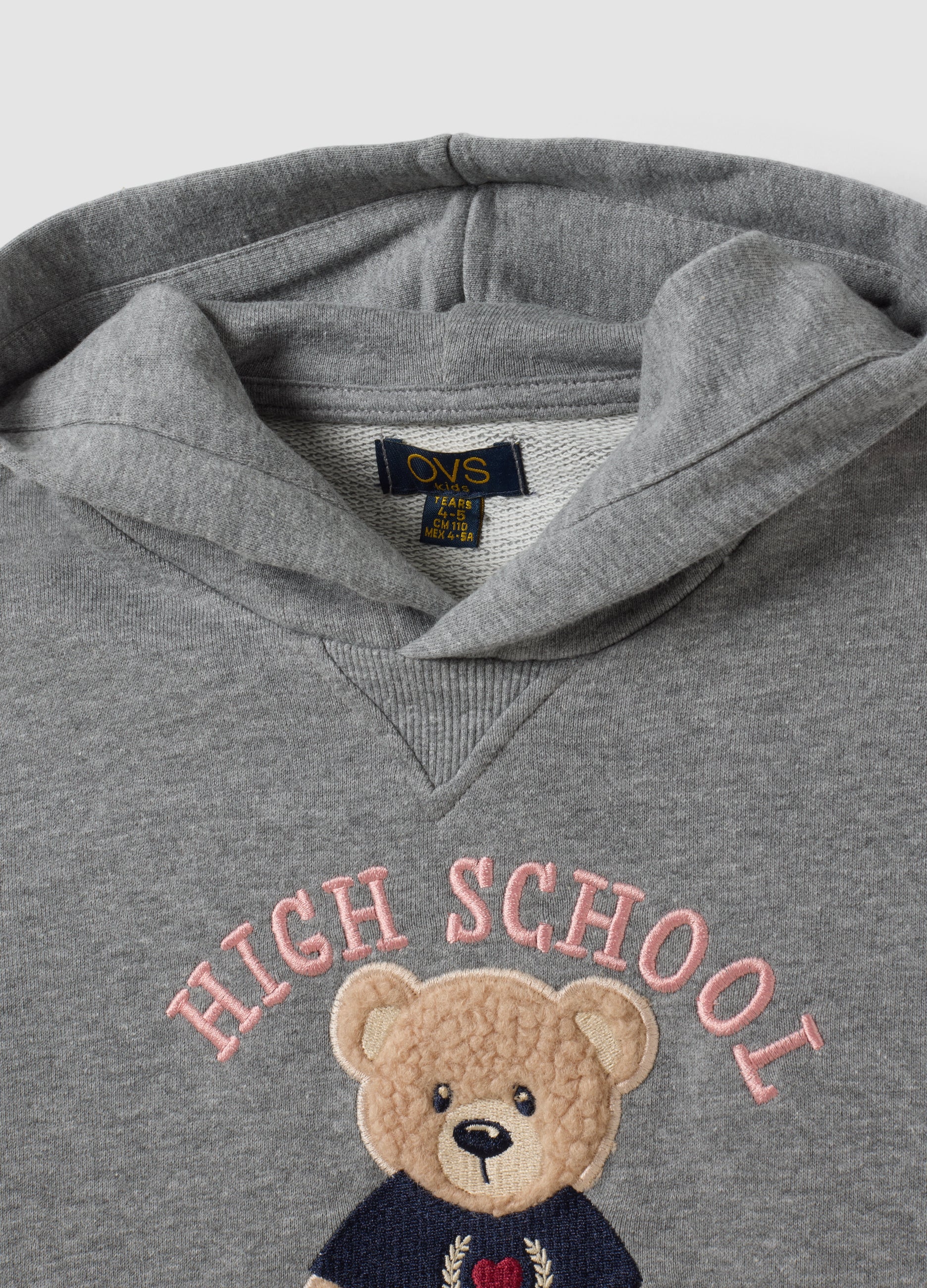 OVS Grey Cotton-Viscose Blend Sweatshirt With Embroidered Teddy Bear For Girls