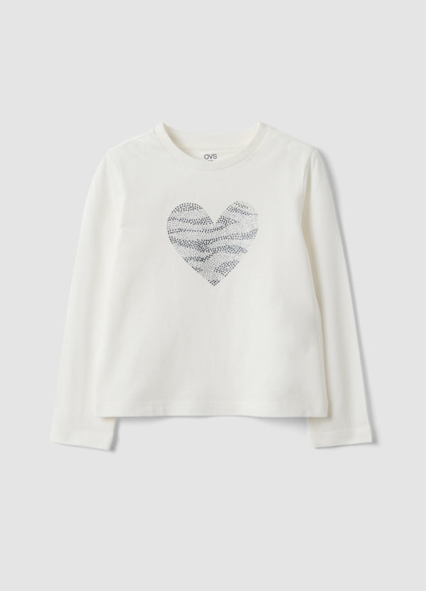 OVS White pure organic cotton girls’ T-shirt with heart print