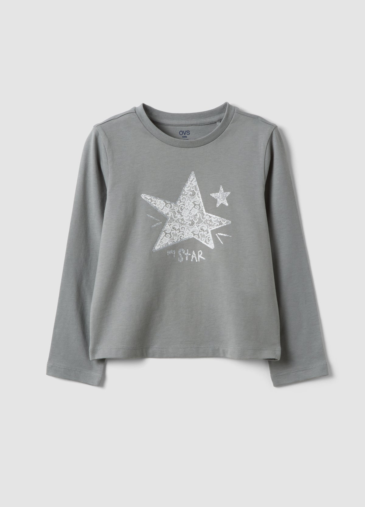 OVS Grey organic cotton T-shirt with front print for girls