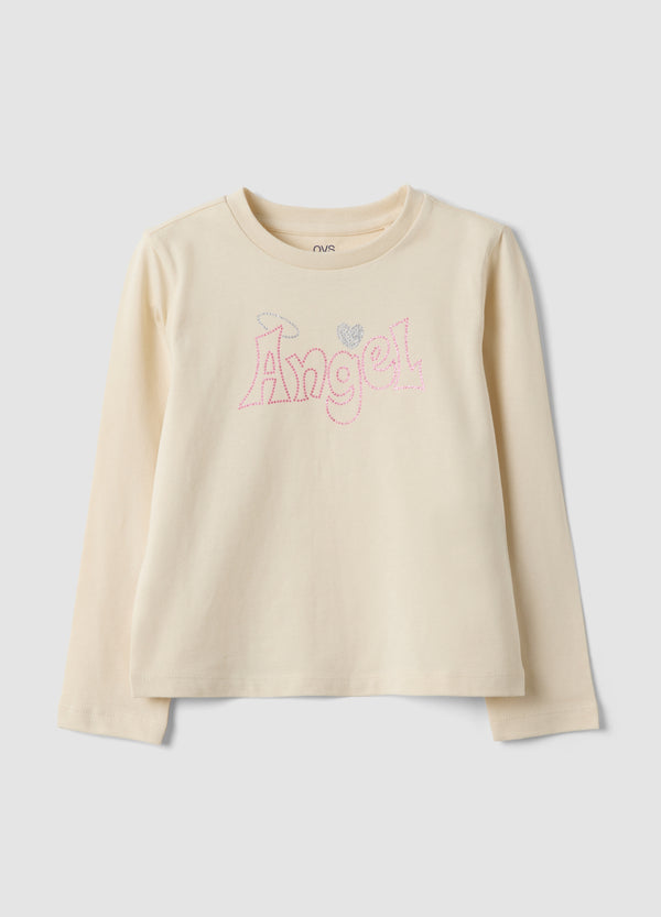 OVS Beige pure organic cotton T-shirt with front print for girls