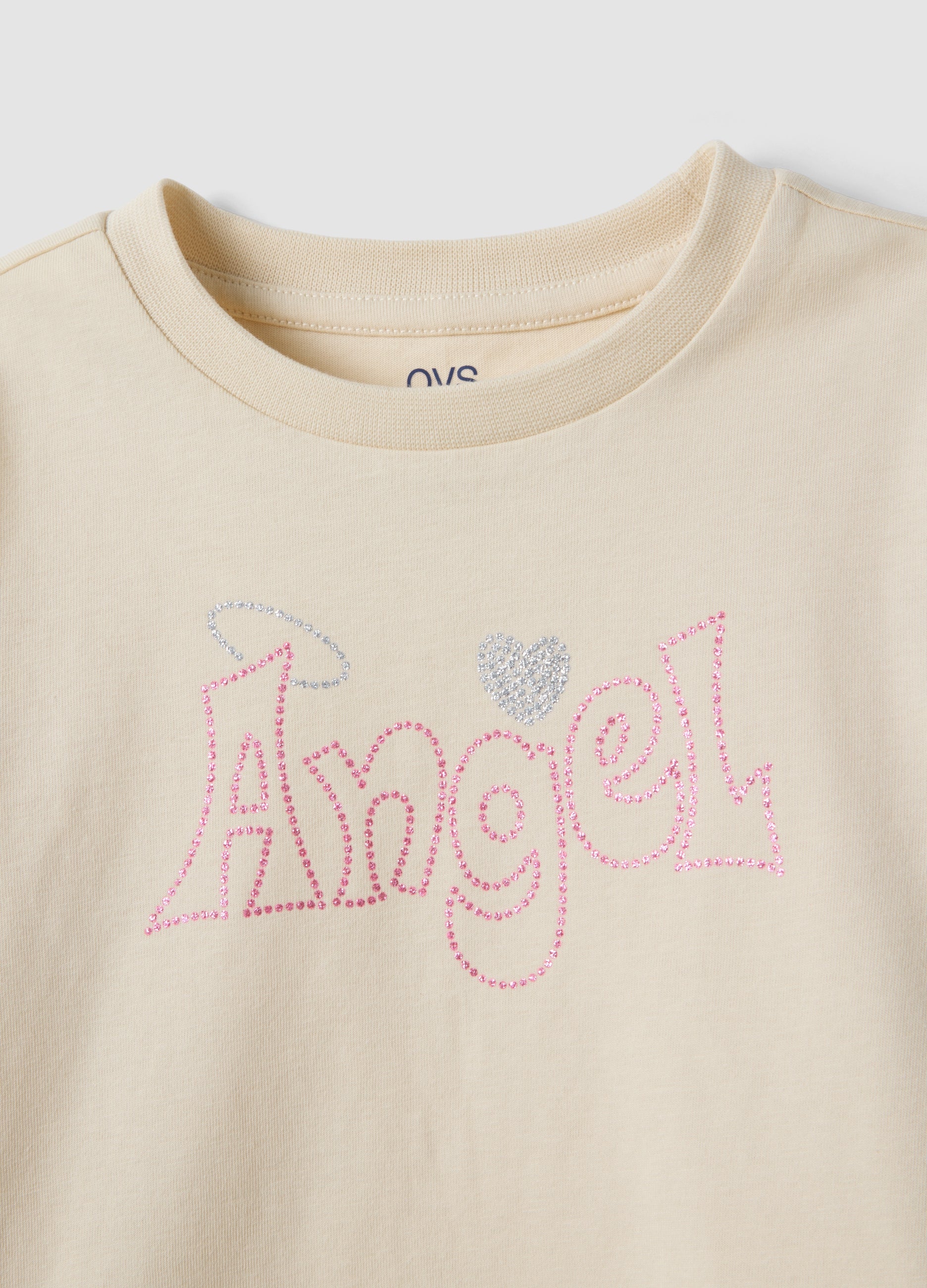 OVS Beige pure organic cotton T-shirt with front print for girls