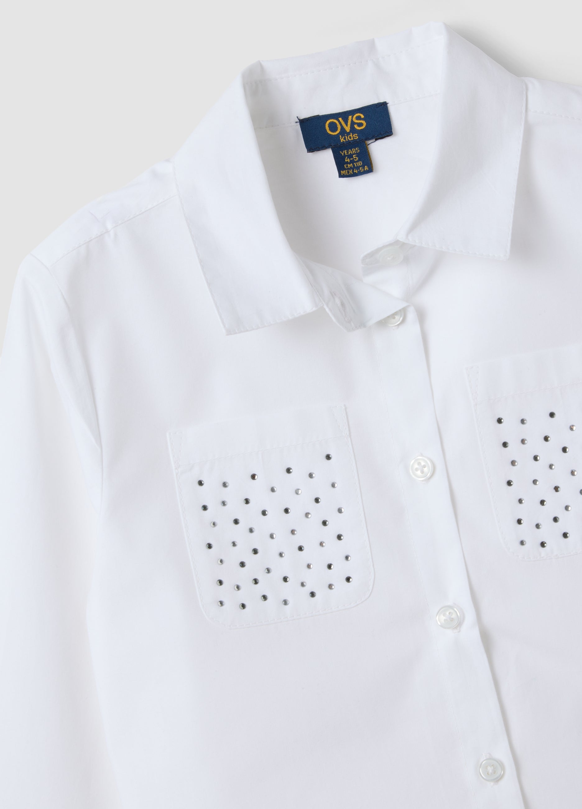 OVS White pure cotton shirt with rhinestones, regular fit, for girls