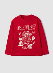 OVS Red oversized pure organic cotton T-shirt with racing print for boys
