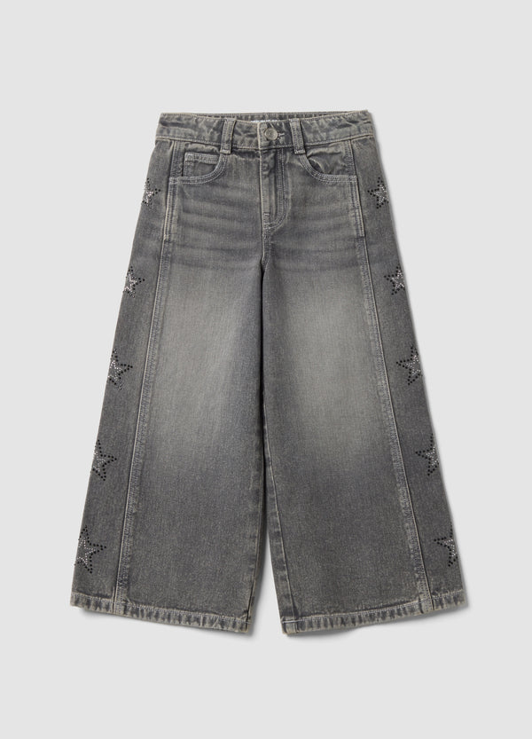 OVS Grey wide-leg pure cotton jeans with star details for girls