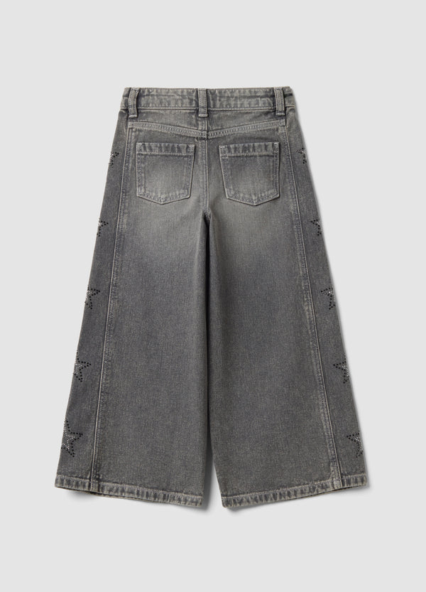 OVS Grey wide-leg pure cotton jeans with star details for girls