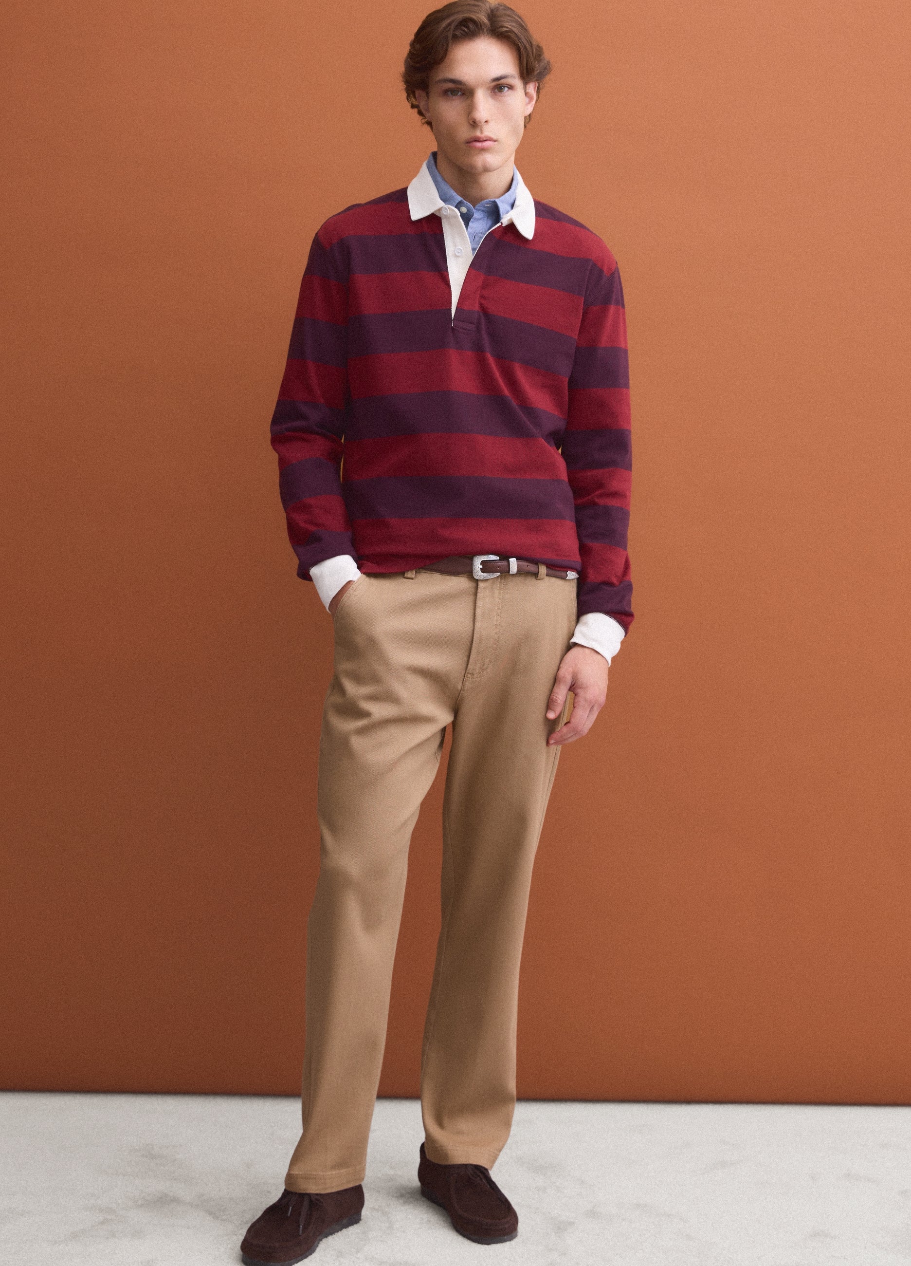 OVS Red pure cotton striped long-sleeve rugby polo, regular fit